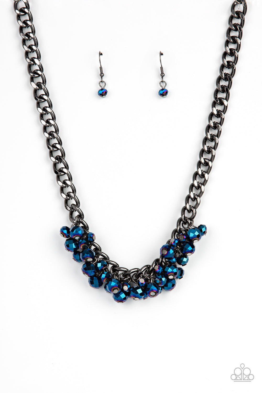 *Paparazzi Necklace* "Galactic Knockout" Blue Metallic Beaded Gunmetal Necklace