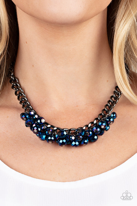 *Paparazzi Necklace* "Galactic Knockout" Blue Metallic Beaded Gunmetal Necklace