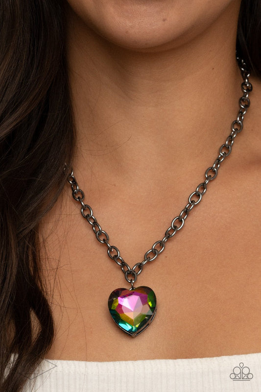 *Paparazzi Necklace* "Flirtatiously Flashy" Multi Oil Spill Heart Necklace Gunmetal Chain