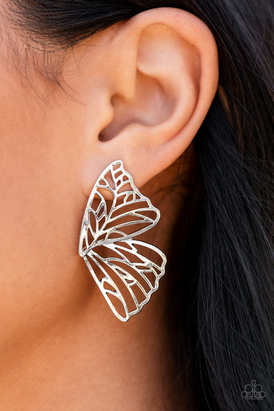 Butterfly Frills Silver Post Earrings by Paparazzi Accessories