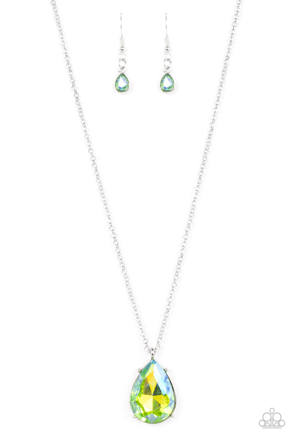 *Paparazzi Necklace* "Illustrious Icon" Iridescent Green Teardrop Gem Necklace