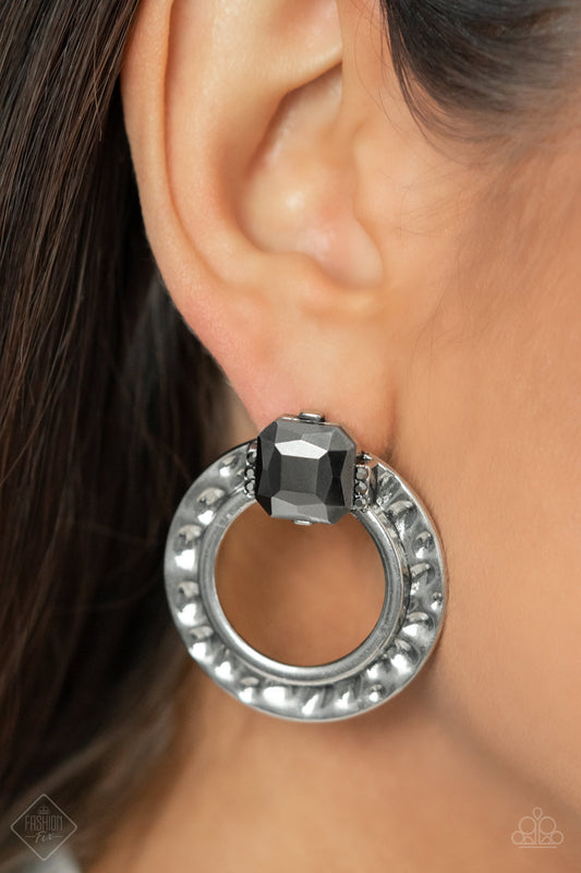 *Paparazzi Earrings* "Smoldering Scintillation" Silver Hematite Gem Post Earring April 2022 Fashion Fix